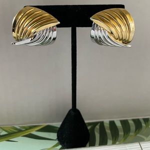 Twisted curve line gold and silver tone metal back post earrings